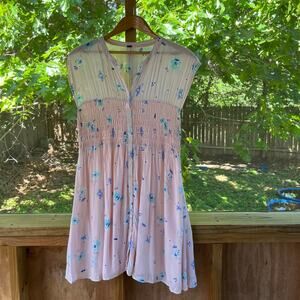 Free People Greatest Day Pink Smocked Mini Dress Blue Floral Size L